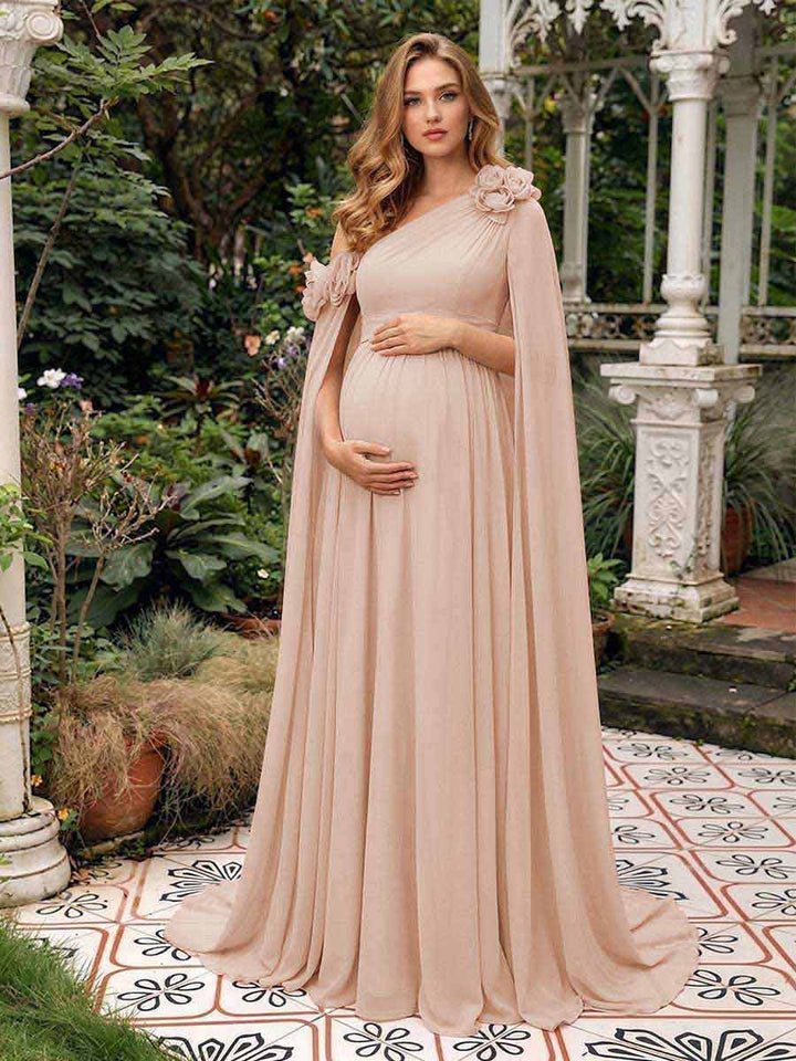 A-Line/Princess One-Shoulder Floor-Length Maternity Wedding Guest Dresses with Pleated &amp; 3D Floral