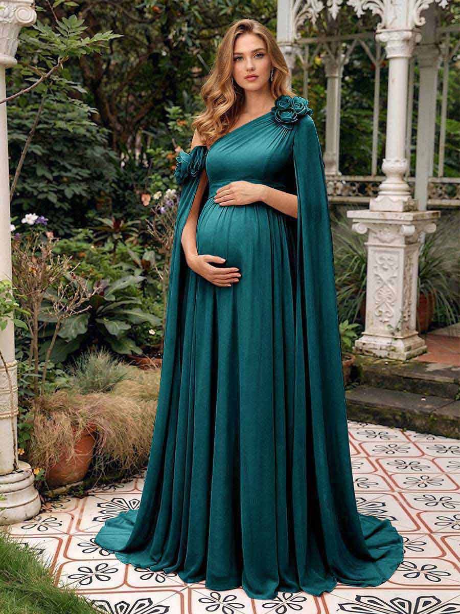 A-Line/Princess One-Shoulder Floor-Length Maternity Wedding Guest Dresses with Pleated &amp; 3D Floral