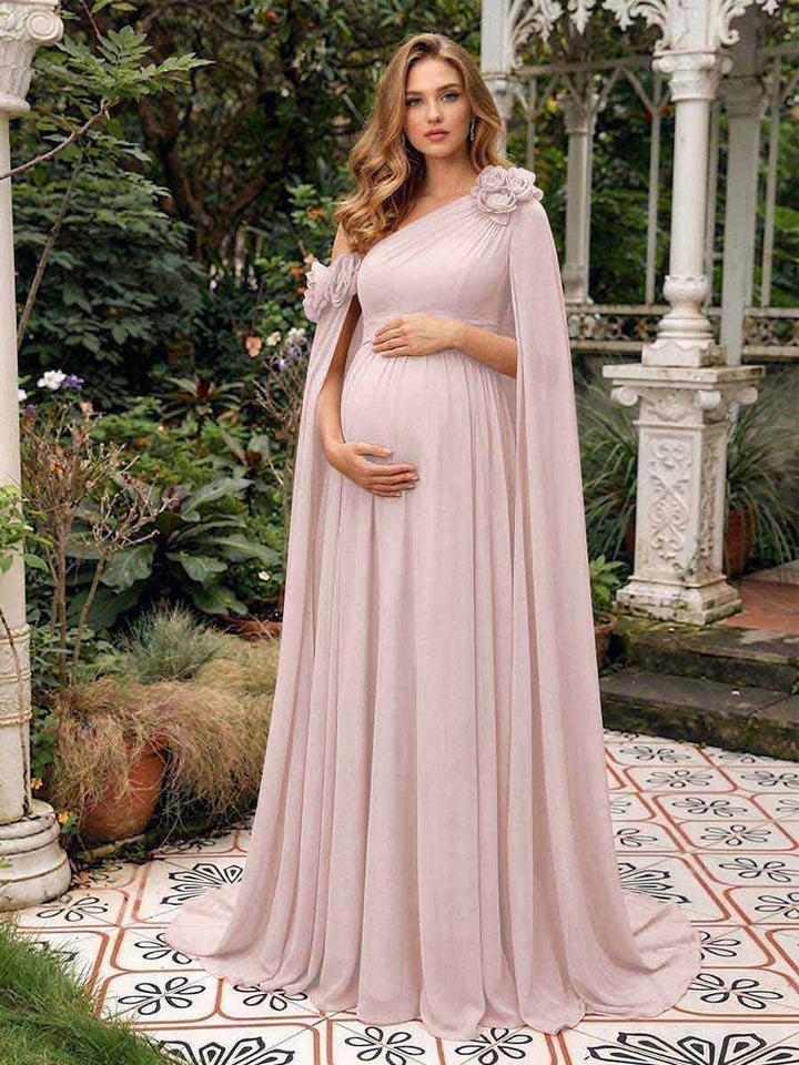A-Line/Princess One-Shoulder Floor-Length Maternity Wedding Guest Dresses with Pleated &amp; 3D Floral