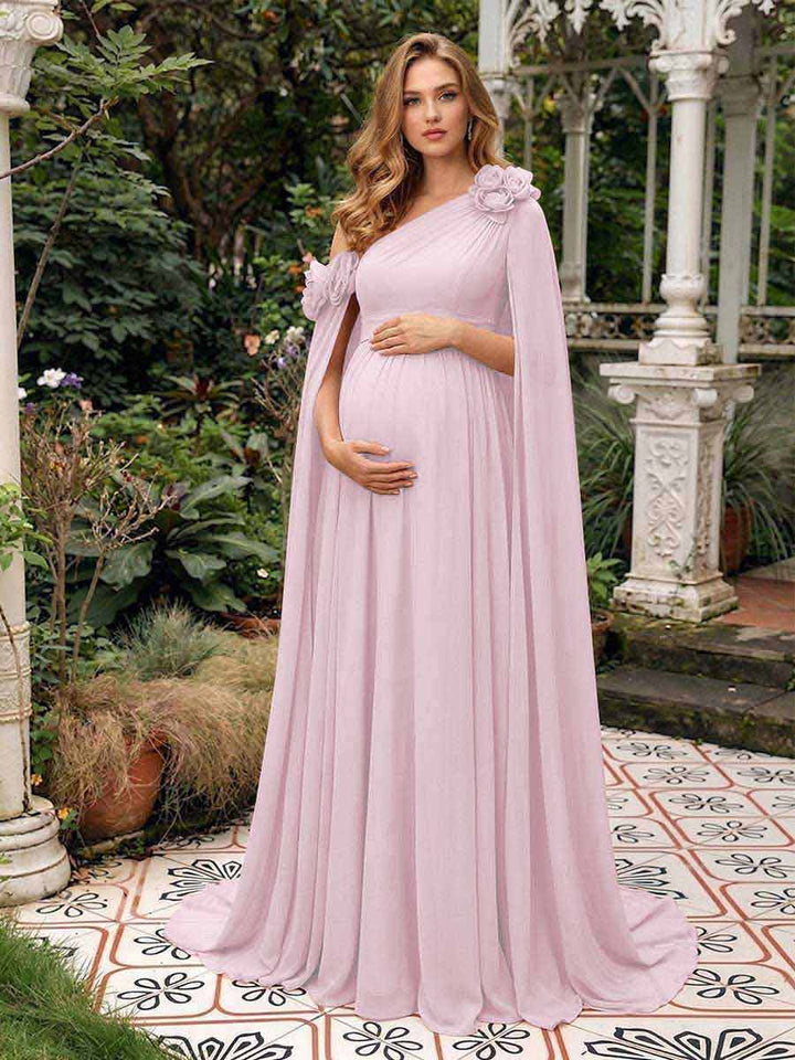 A-Line/Princess One-Shoulder Floor-Length Maternity Wedding Guest Dresses with Pleated &amp; 3D Floral