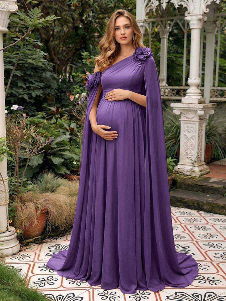 A-Line/Princess One-Shoulder Floor-Length Maternity Wedding Guest Dresses with Pleated &amp; 3D Floral