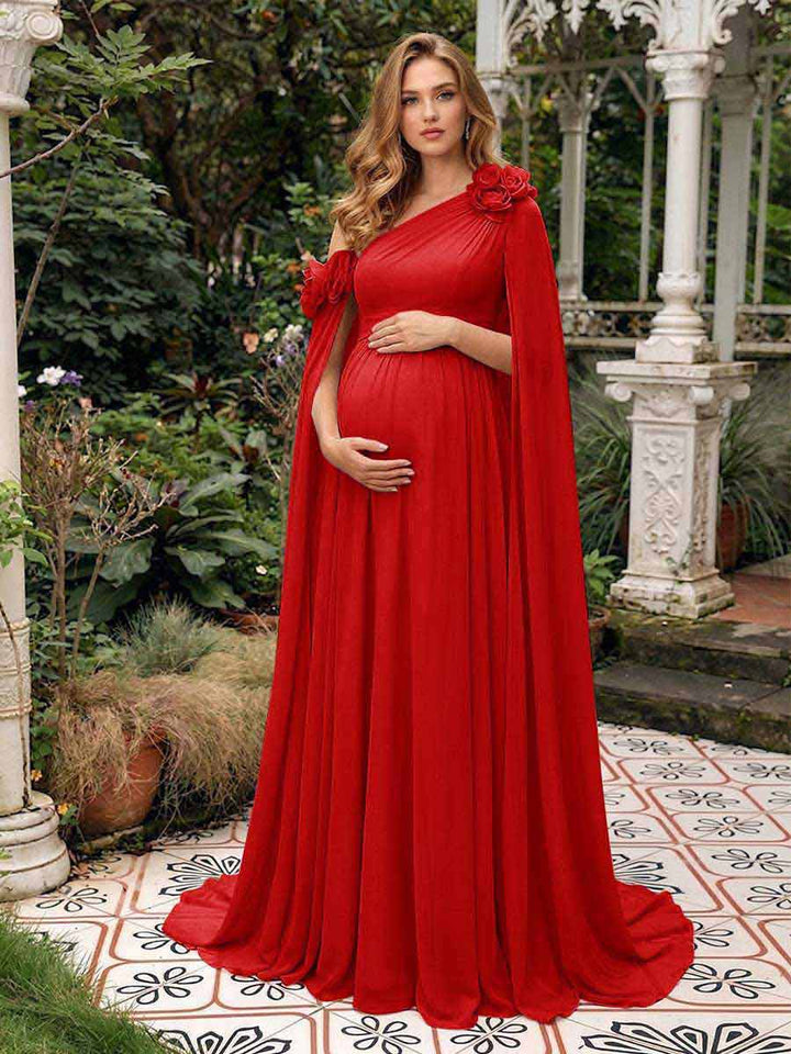 A-Line/Princess One-Shoulder Floor-Length Maternity Wedding Guest Dresses with Pleated &amp; 3D Floral