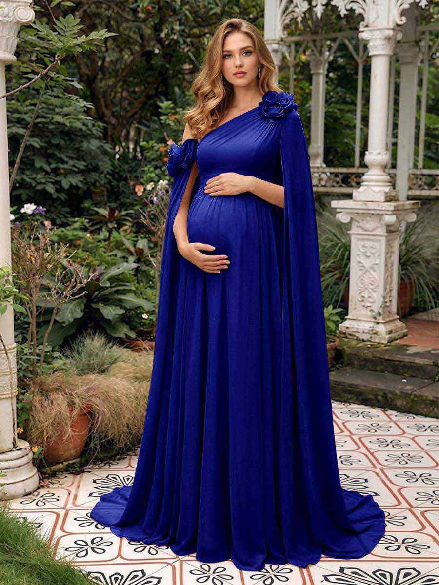 A-Line/Princess One-Shoulder Floor-Length Maternity Wedding Guest Dresses with Pleated &amp; 3D Floral