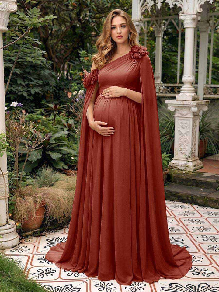 A-Line/Princess One-Shoulder Floor-Length Maternity Wedding Guest Dresses with Pleated &amp; 3D Floral