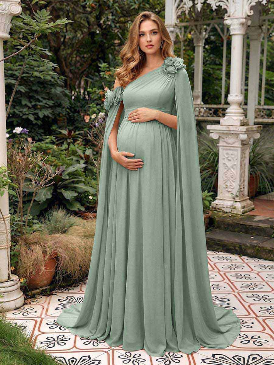 A-Line/Princess One-Shoulder Floor-Length Maternity Wedding Guest Dresses with Pleated &amp; 3D Floral