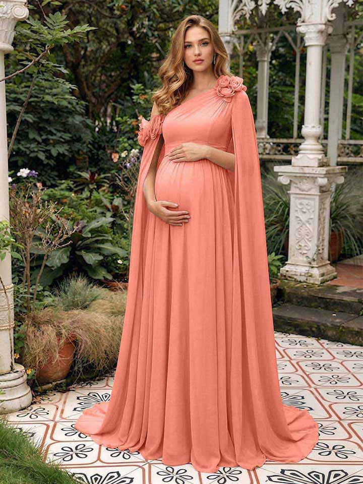 A-Line/Princess One-Shoulder Floor-Length Maternity Wedding Guest Dresses with Pleated &amp; 3D Floral