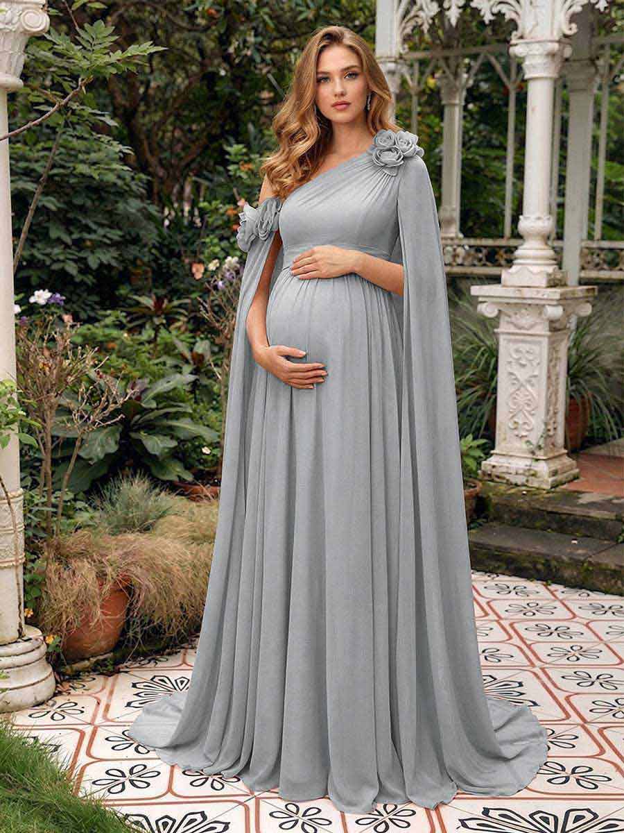 A-Line/Princess One-Shoulder Floor-Length Maternity Wedding Guest Dresses with Pleated &amp; 3D Floral