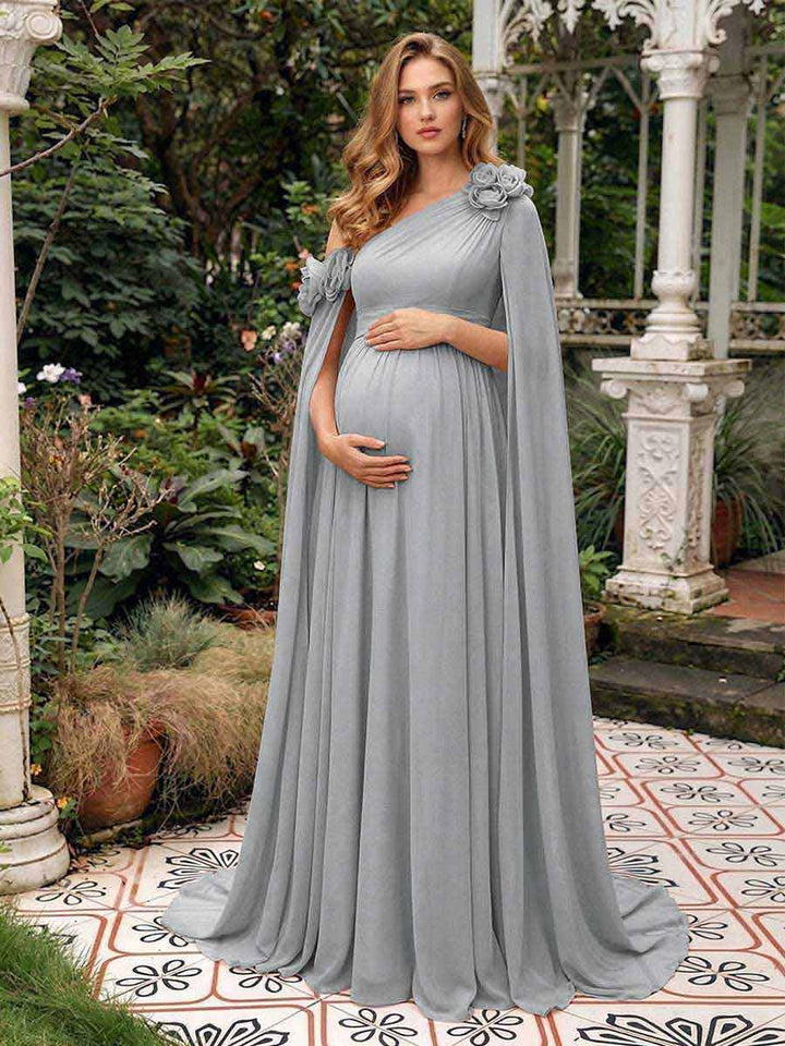 A-Line/Princess One-Shoulder Floor-Length Maternity Wedding Guest Dresses with Pleated &amp; 3D Floral