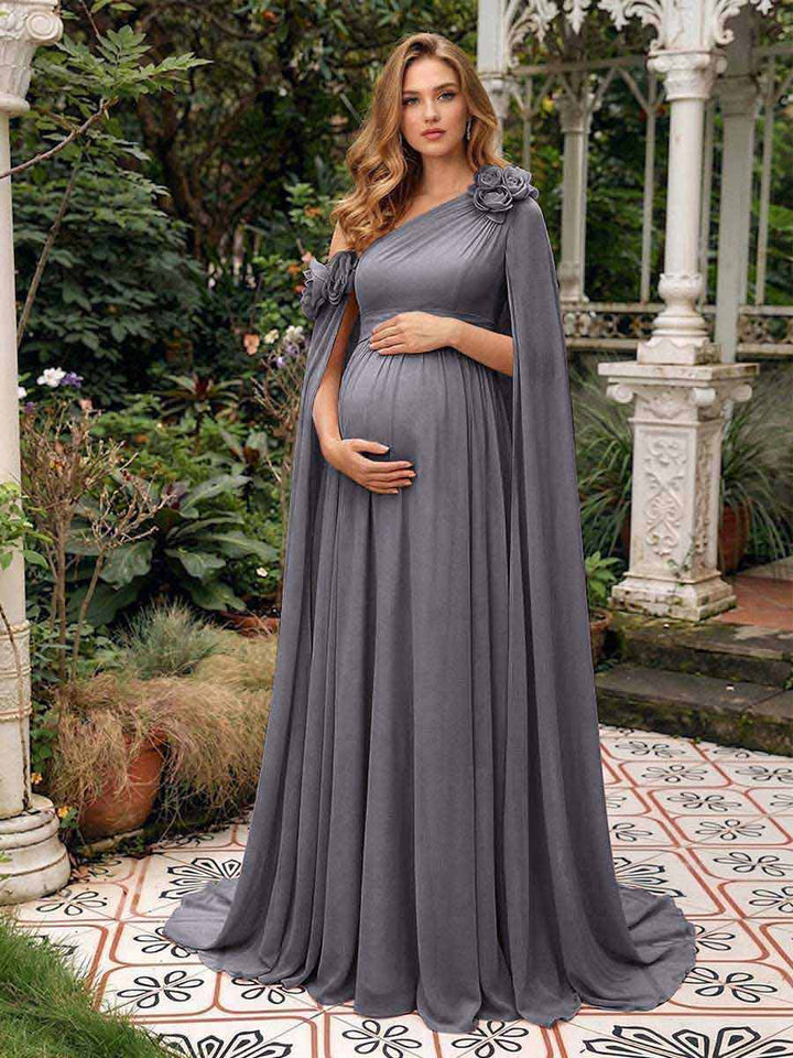 A-Line/Princess One-Shoulder Floor-Length Maternity Wedding Guest Dresses with Pleated &amp; 3D Floral