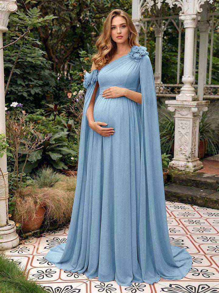 A-Line/Princess One-Shoulder Floor-Length Maternity Wedding Guest Dresses with Pleated &amp; 3D Floral