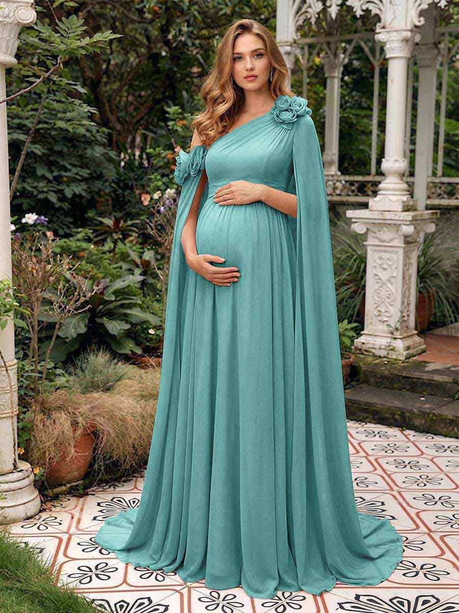 Lavetir Spa A-Line/Princess One-Shoulder Floor-Length Maternity Wedding Guest Dresses with Pleated & 3D Floral 2026