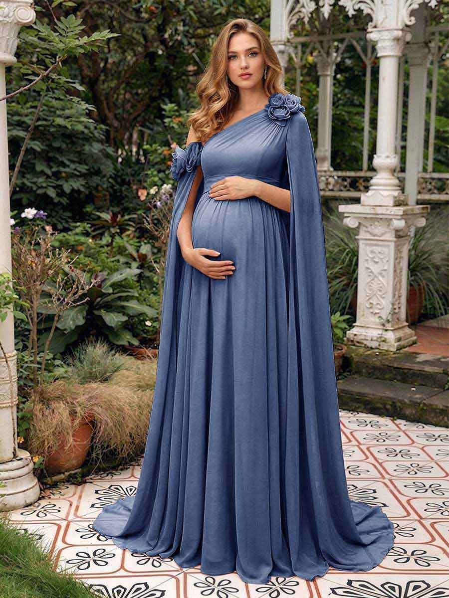A-Line/Princess One-Shoulder Floor-Length Maternity Wedding Guest Dresses with Pleated &amp; 3D Floral
