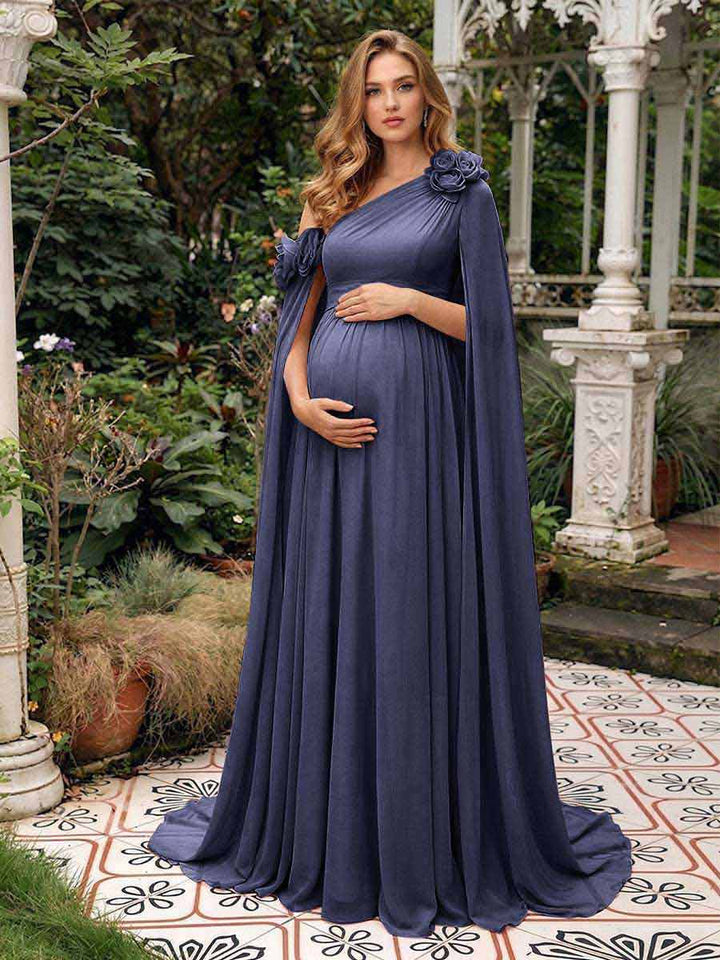 A-Line/Princess One-Shoulder Floor-Length Maternity Wedding Guest Dresses with Pleated &amp; 3D Floral