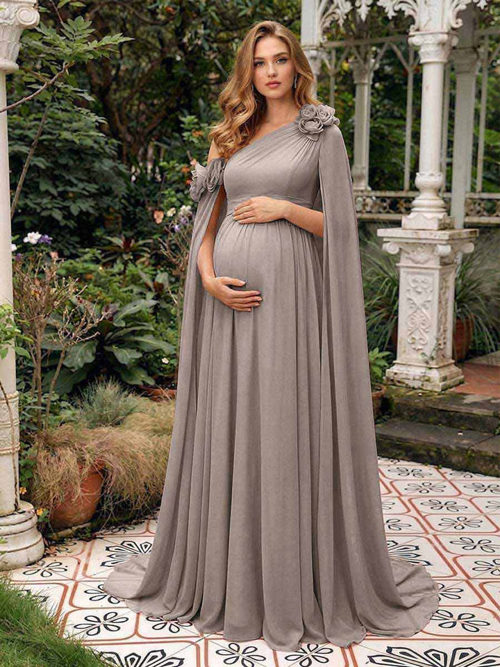 A-Line/Princess One-Shoulder Floor-Length Maternity Wedding Guest Dresses with Pleated &amp; 3D Floral