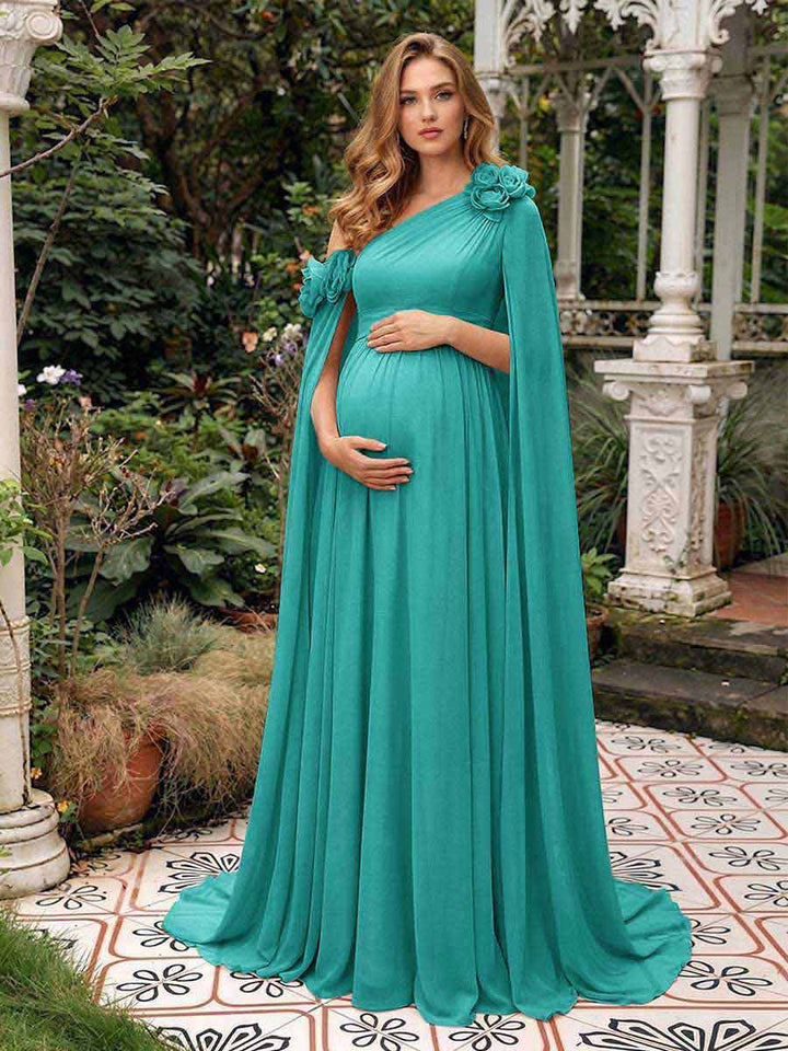 A-Line/Princess One-Shoulder Floor-Length Maternity Wedding Guest Dresses with Pleated &amp; 3D Floral