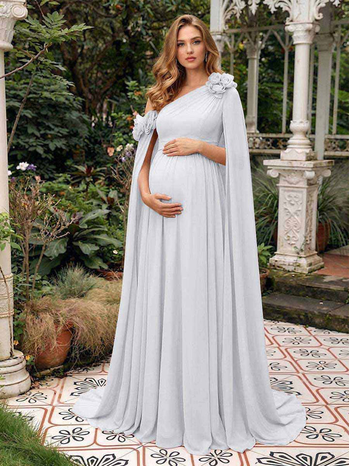 A-Line/Princess One-Shoulder Floor-Length Maternity Wedding Guest Dresses with Pleated &amp; 3D Floral