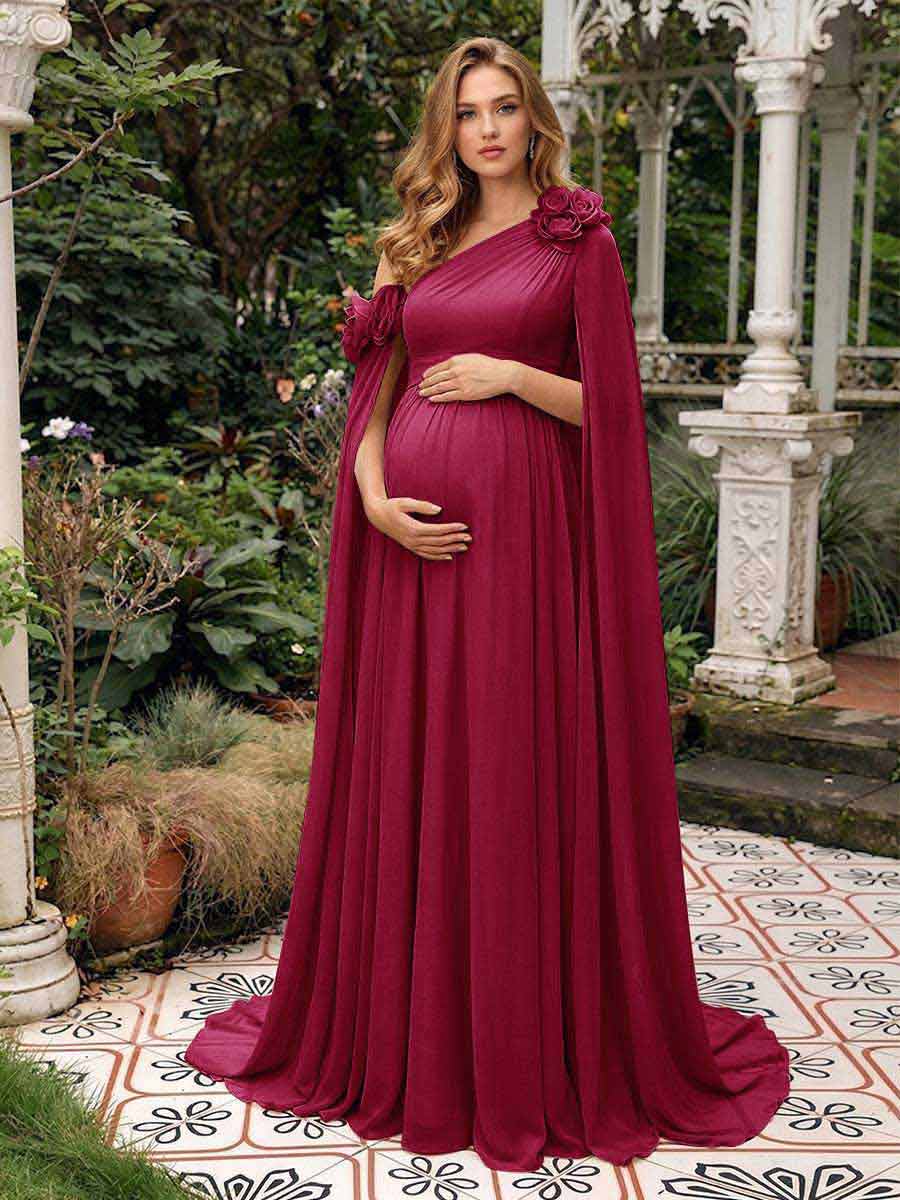 A-Line/Princess One-Shoulder Floor-Length Maternity Wedding Guest Dresses with Pleated &amp; 3D Floral