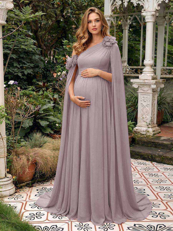 A-Line/Princess One-Shoulder Floor-Length Maternity Wedding Guest Dresses with Pleated &amp; 3D Floral
