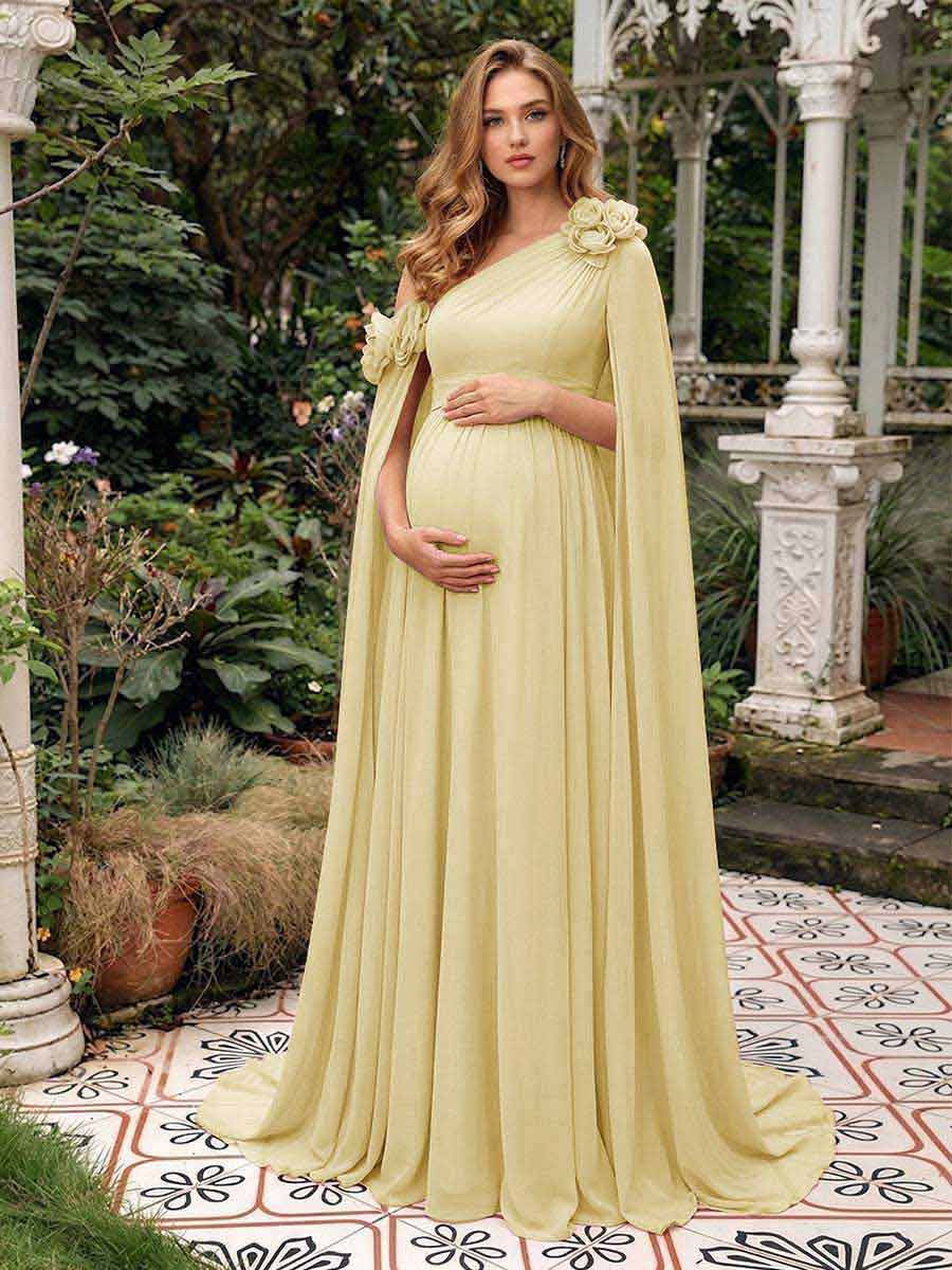 A-Line/Princess One-Shoulder Floor-Length Maternity Wedding Guest Dresses with Pleated &amp; 3D Floral
