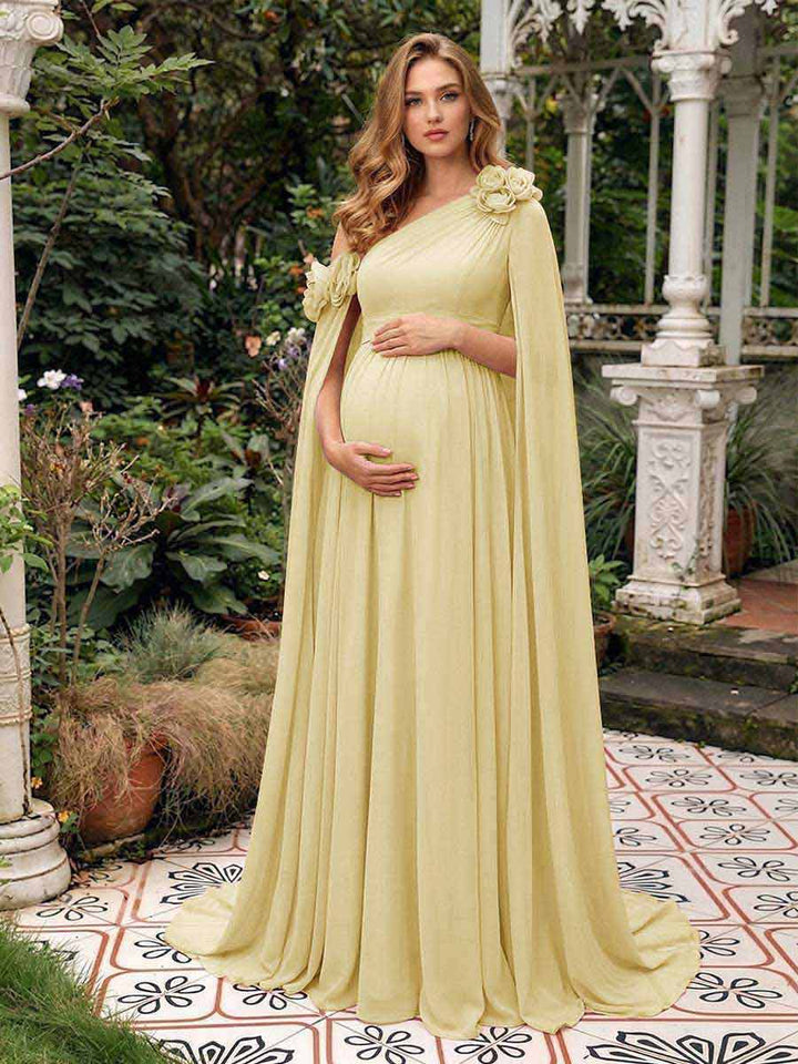 A-Line/Princess One-Shoulder Floor-Length Maternity Wedding Guest Dresses with Pleated &amp; 3D Floral