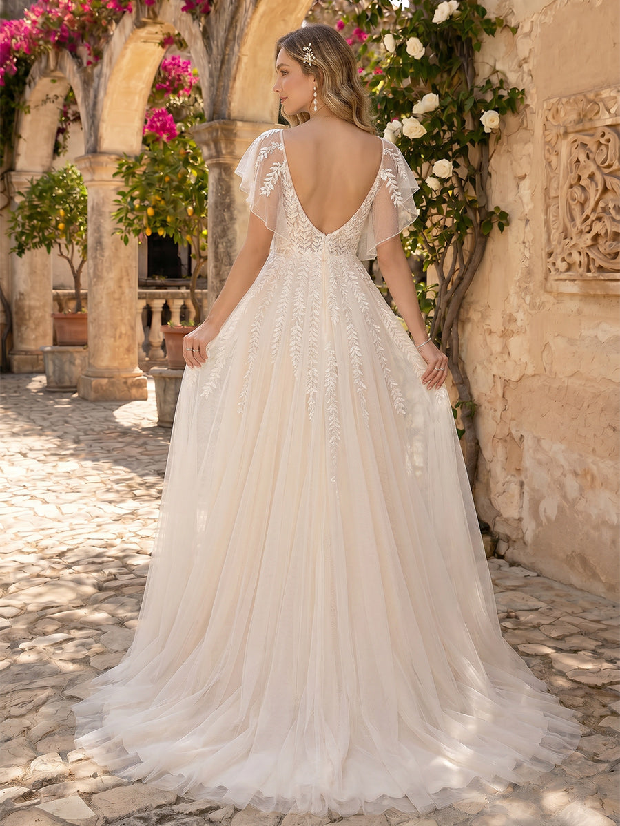 Lavetir A-Line/Princess V-Neck Flutter Sleeves Court Train Maternity Wedding Dresses With Applique & Lace 2026