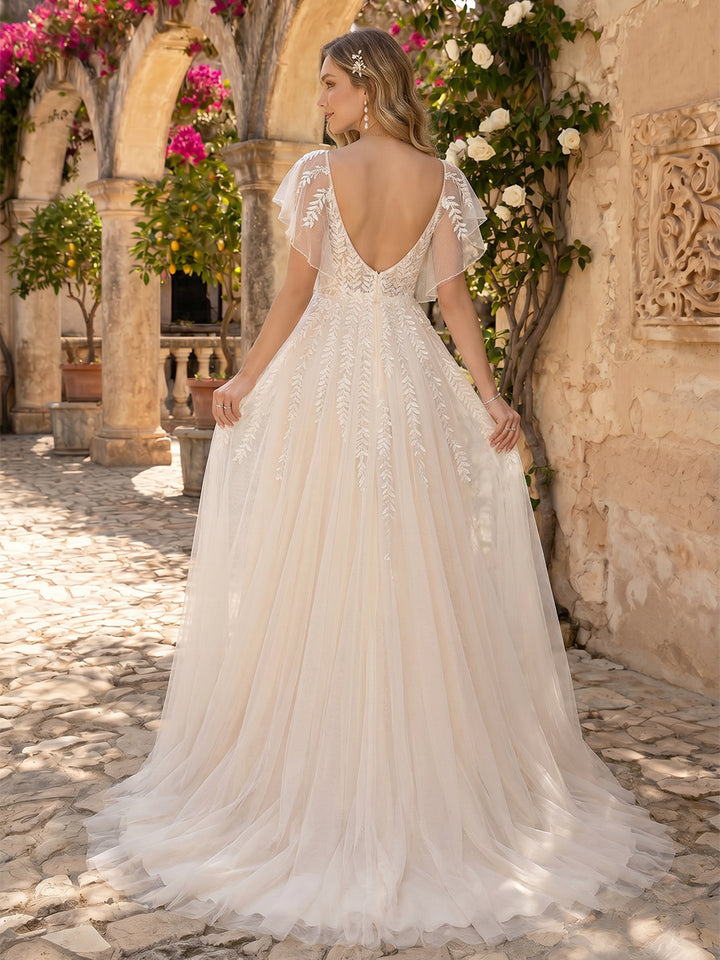 A-Line/Princess V-Neck Flutter Sleeves Court Train Maternity Wedding Dresses With Applique &amp; Lace