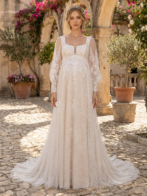 a line maternity wedding dress JJ's House A-line Straight Sweep Train Tulle Maternity Wedding Dress 2026 With Bow Ruffle