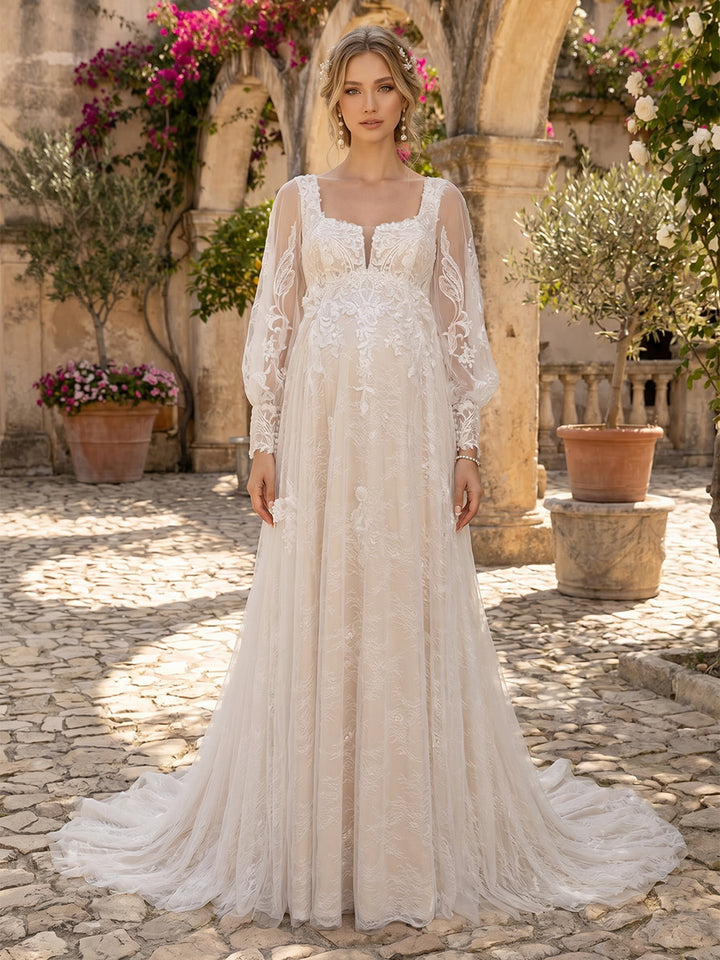 A-Line/Princess Square Neck Long Sleeves Court Train Maternity Wedding Dresses With Applique &amp; Lace