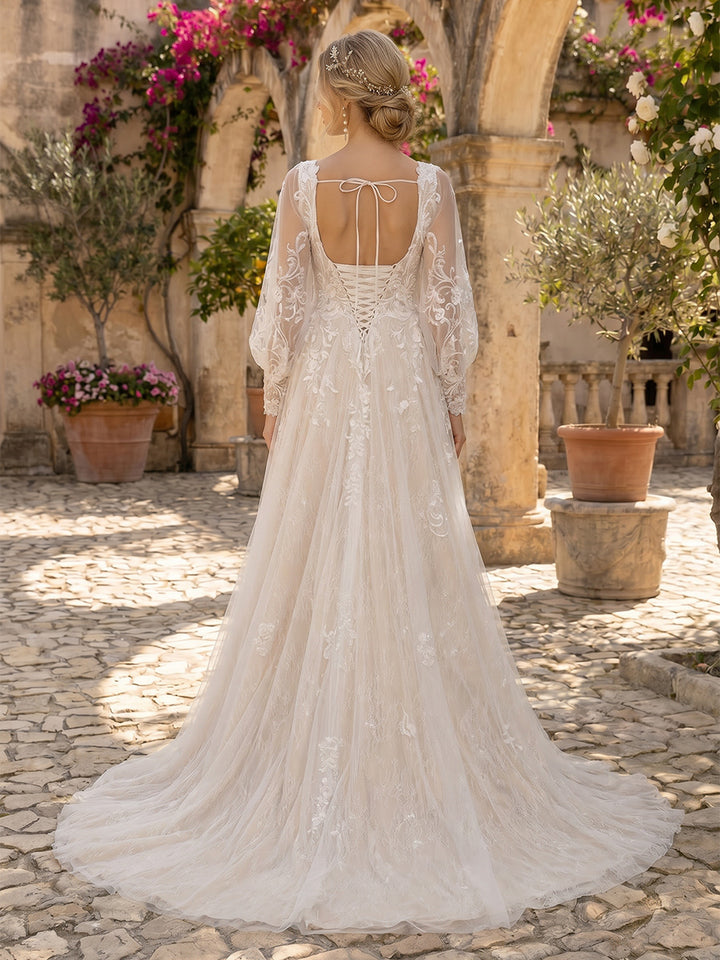 A-Line/Princess Square Neck Long Sleeves Court Train Maternity Wedding Dresses With Applique &amp; Lace