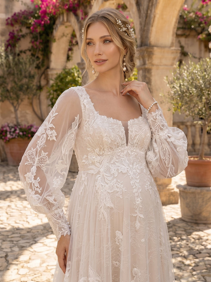 A-Line/Princess Square Neck Long Sleeves Court Train Maternity Wedding Dresses With Applique &amp; Lace