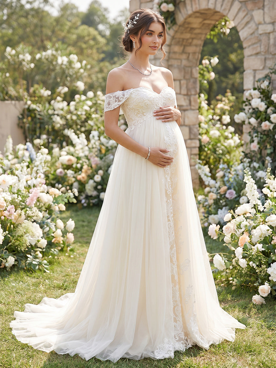 Lavetir A-Line/Princess Off the Shoulder Sleeveless Court Train Maternity Wedding Dresses With Applique & Lace 2026