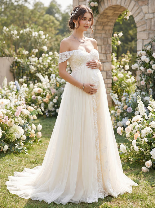 A-Line/Princess  Off the Shoulder Sleeveless Court Train Maternity Wedding Dresses With Applique & Lace