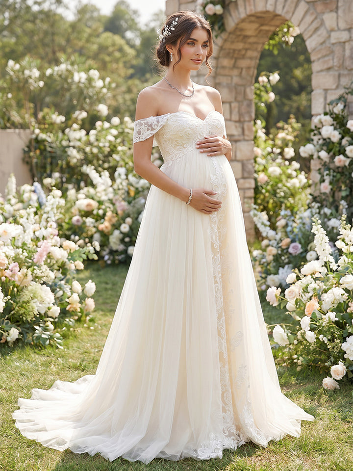 A-Line/Princess  Off the Shoulder Sleeveless Court Train Maternity Wedding Dresses With Applique &amp; Lace