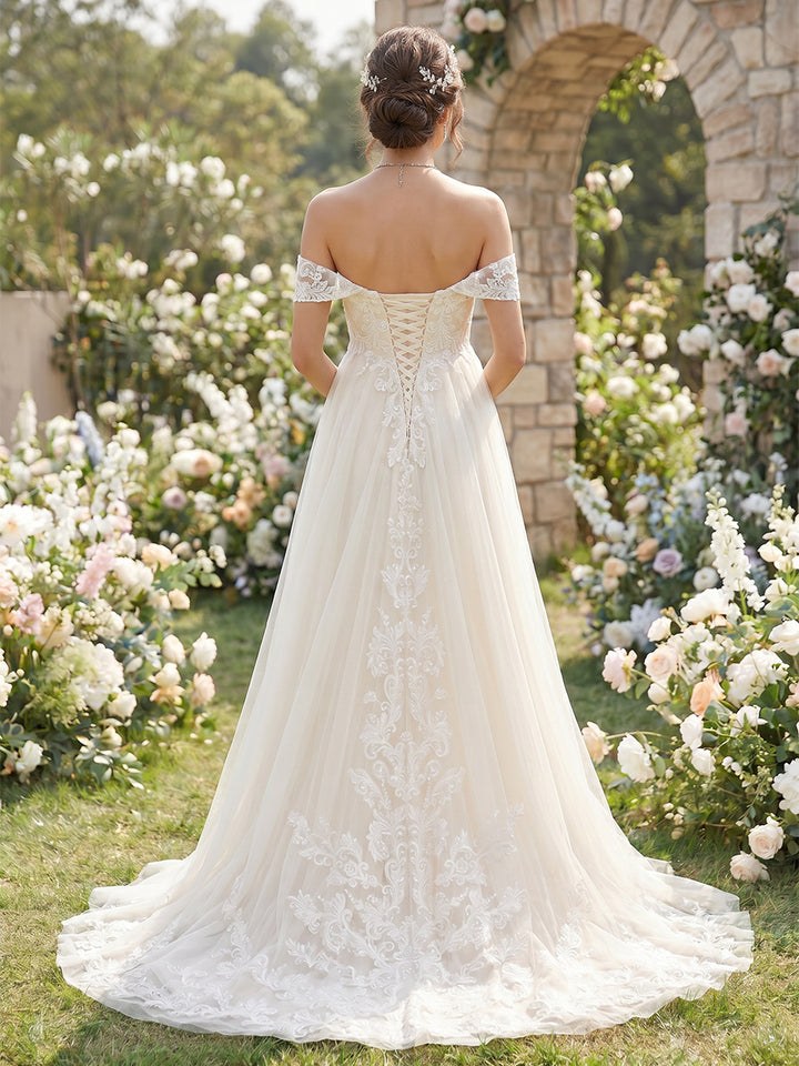 A-Line/Princess  Off the Shoulder Sleeveless Court Train Maternity Wedding Dresses With Applique &amp; Lace