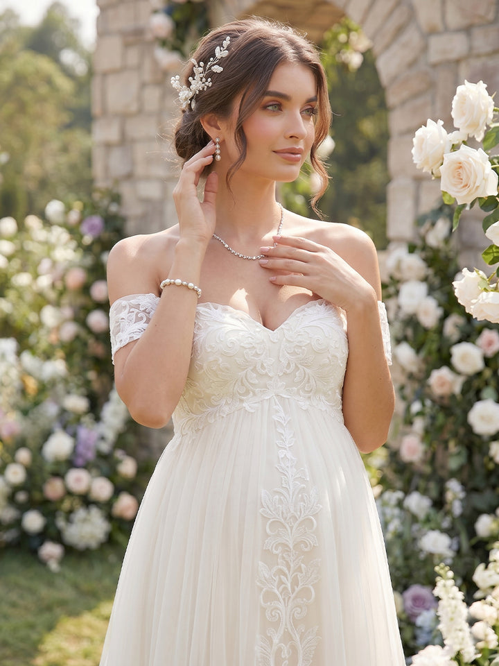 A-Line/Princess  Off the Shoulder Sleeveless Court Train Maternity Wedding Dresses With Applique &amp; Lace