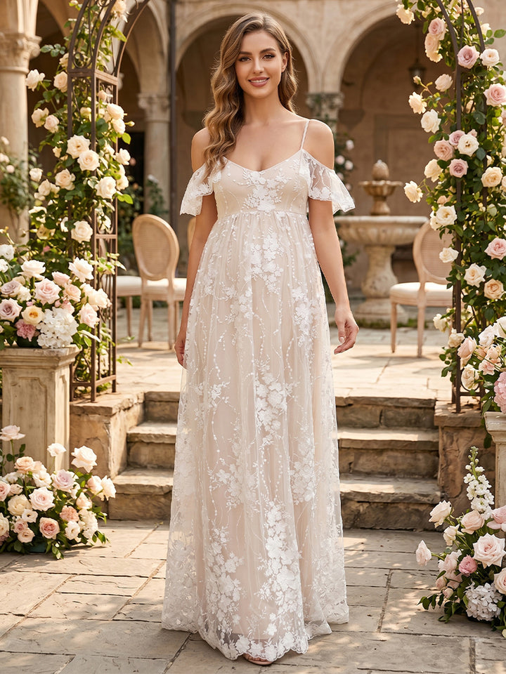 A-Line/Princess Cold Shoulder Spaghetti Straps Sleeveless Floor-Length Maternity Wedding Dresses With Applique &amp; Lace
