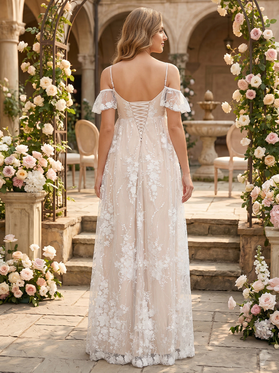 A-Line/Princess Cold Shoulder Spaghetti Straps Sleeveless Floor-Length Maternity Wedding Dresses With Applique &amp; Lace