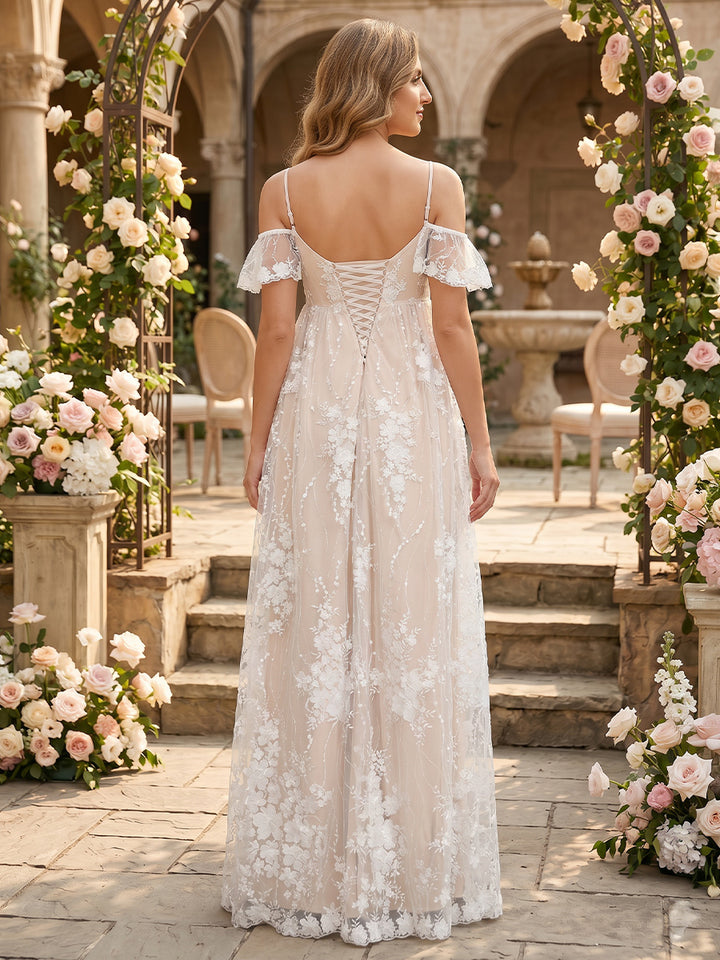 A-Line/Princess Cold Shoulder Spaghetti Straps Sleeveless Floor-Length Maternity Wedding Dresses With Applique &amp; Lace