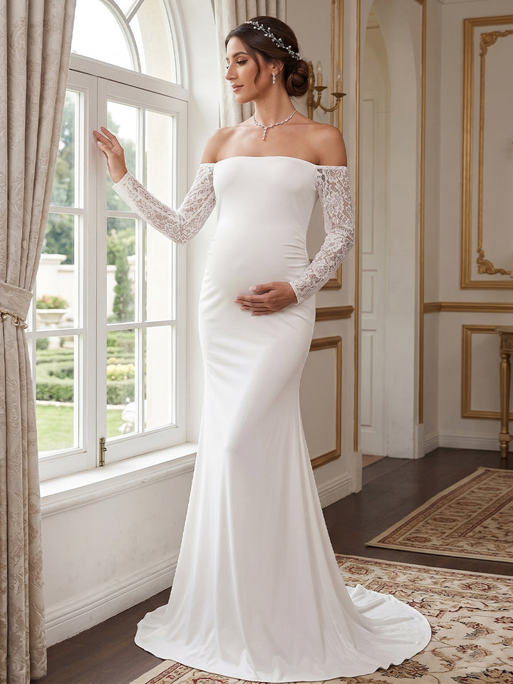 Trumpet/Mermaid Off the Shoulder Long Sleeves Floor-Length Maternity Wedding Dresses With Applique