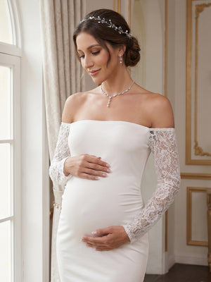 Trumpet/Mermaid Off the Shoulder Long Sleeves Floor-Length Maternity Wedding Dresses With Applique