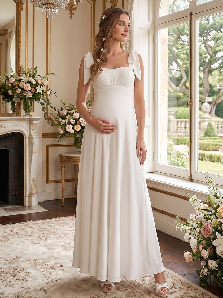 A-Line/Princess Square Neck Sleeveless Ankle-Length Maternity Wedding Dresses With Bowknot