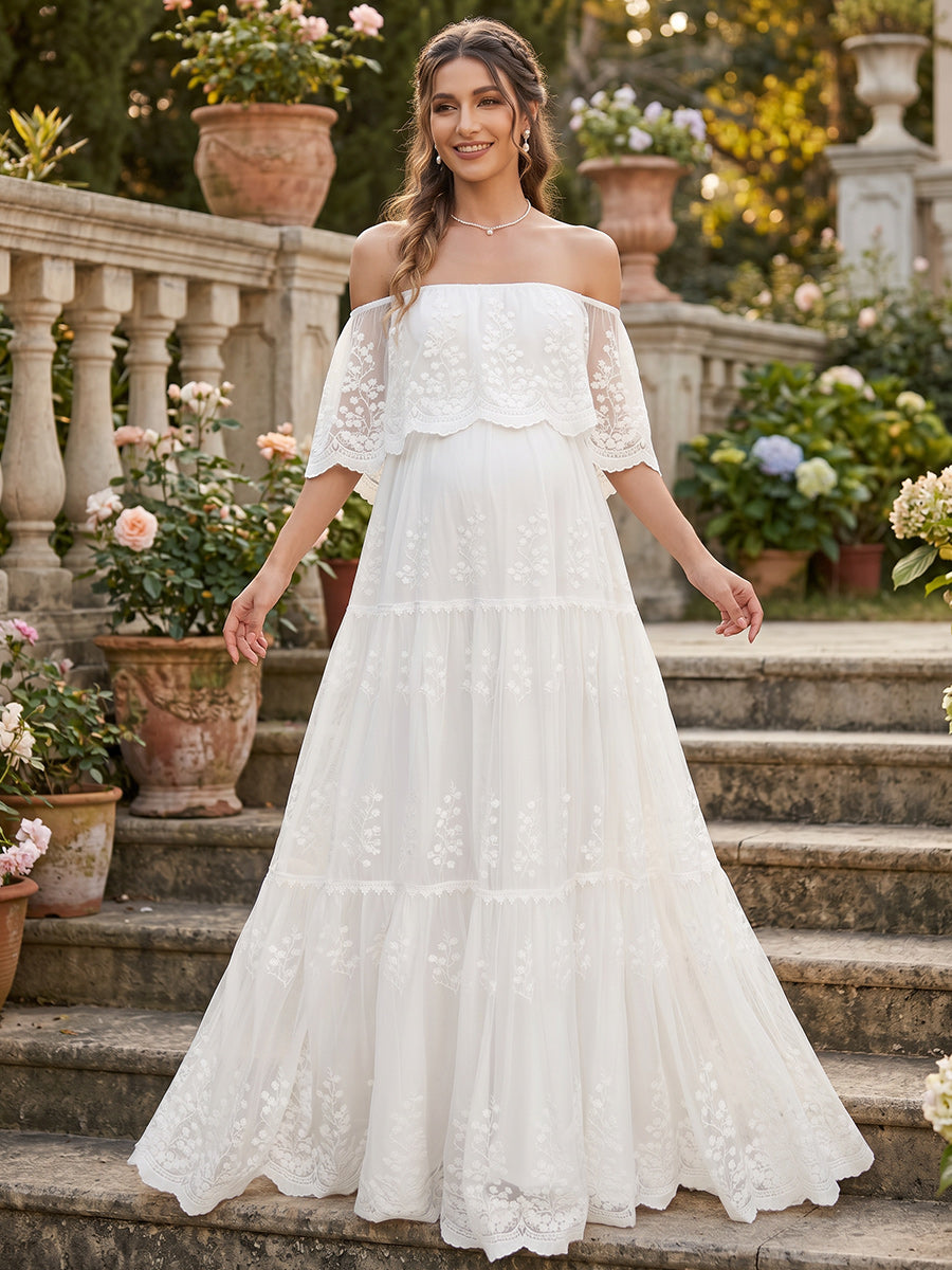 Lavetir A-Line/Princess Off the Shoulder Half Sleeves Floor-Length Maternity Wedding Dresses With Lace 2026
