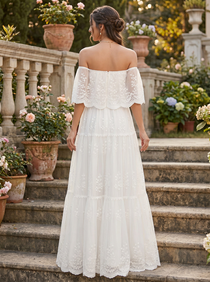 A-Line/Princess  Off the Shoulder Half Sleeves Floor-Length Maternity Wedding Dresses With Lace