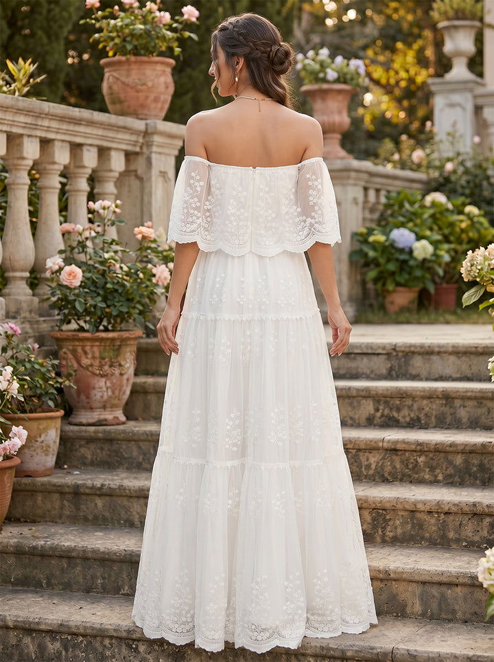A-Line/Princess  Off the Shoulder Half Sleeves Floor-Length Maternity Wedding Dresses With Lace