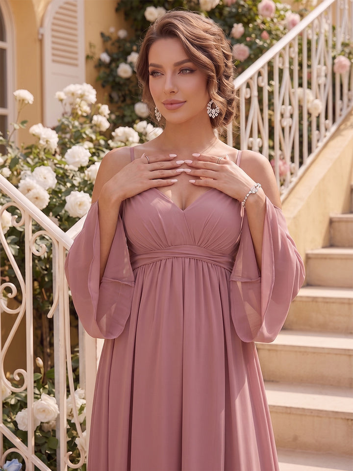 A-Line/Princess Cold Shoulder Long Sleeves Floor-Length Maternity Bridesmaid Dresses With Bowknot &amp; Pleats