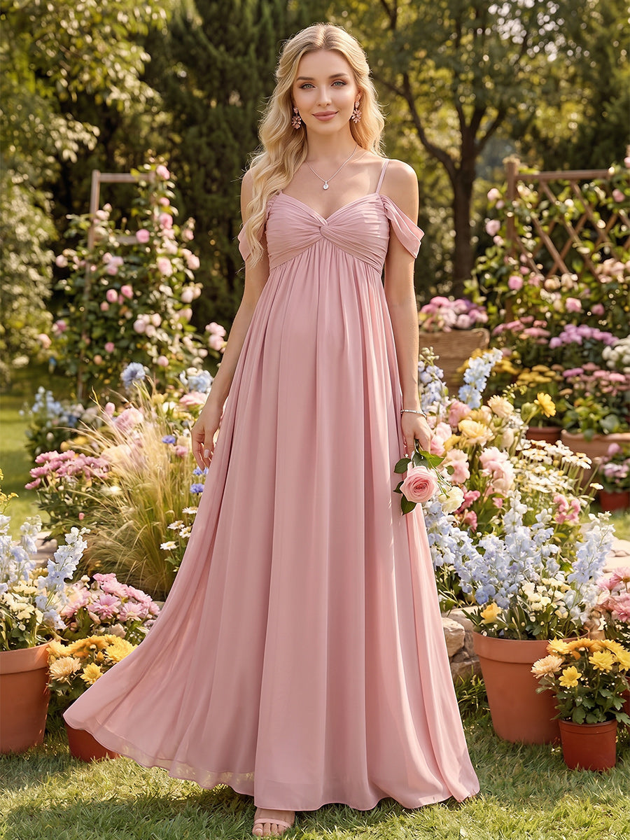 Lavetir A-Line/Princess Cold Shoulder Sleeveless Floor-Length Maternity Bridesmaid Dresses With Pleats 2026