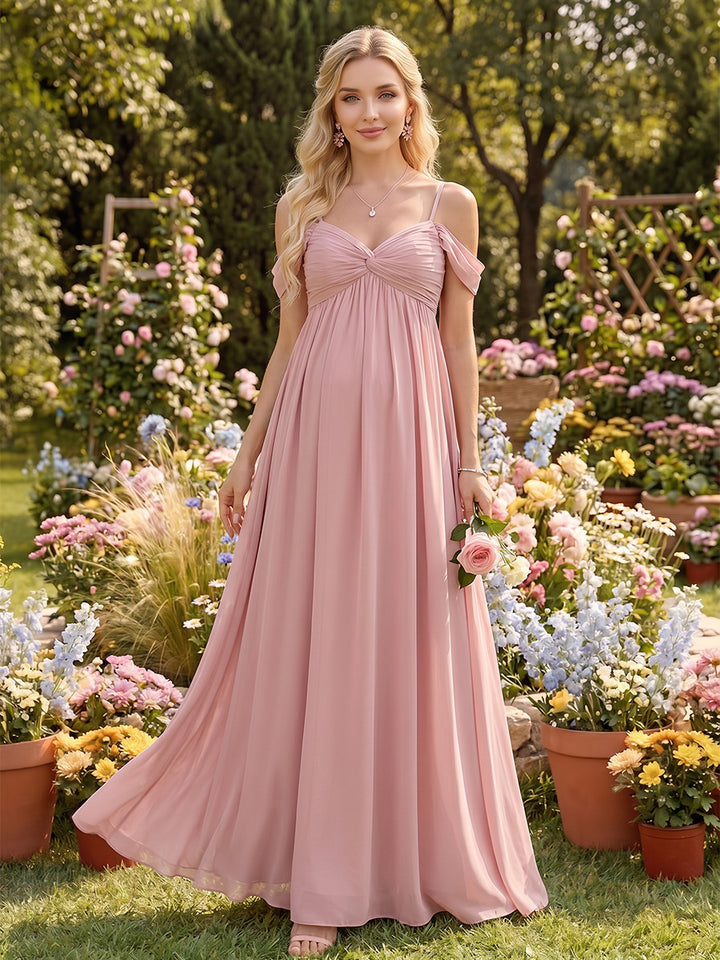 A-Line/Princess Cold Shoulder Sleeveless Floor-Length Maternity Bridesmaid Dresses With Pleats