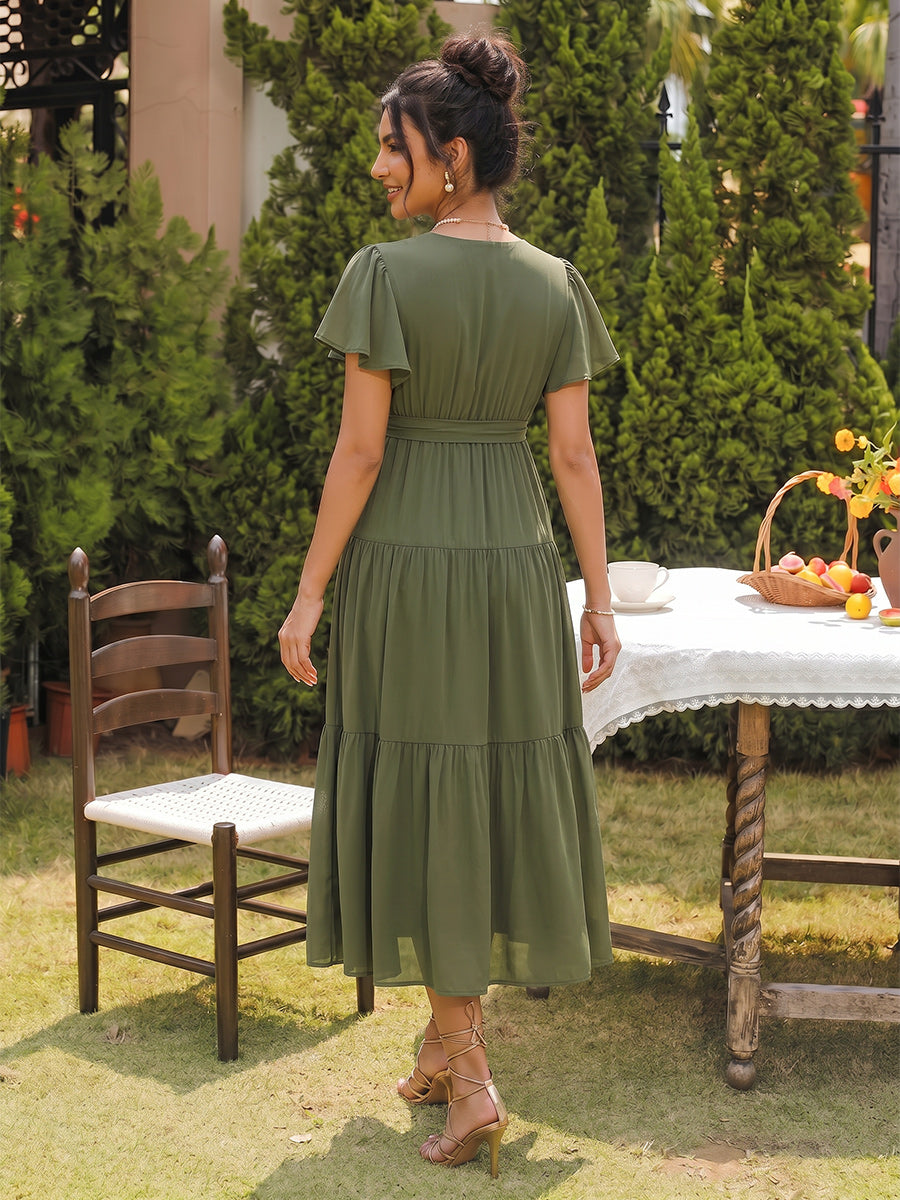 A-Line/Princess V-Neck Short Sleeves Tea-Length Maternity Wedding Guest Dresses With Bowknot &amp; Ruffles