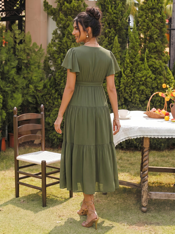 A-Line/Princess V-Neck Short Sleeves Tea-Length Maternity Wedding Guest Dresses With Bowknot & Ruffles