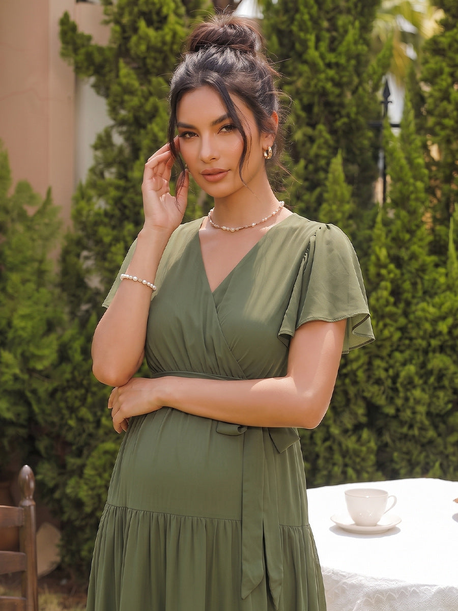 A-Line/Princess V-Neck Short Sleeves Tea-Length Maternity Wedding Guest Dresses With Bowknot &amp; Ruffles